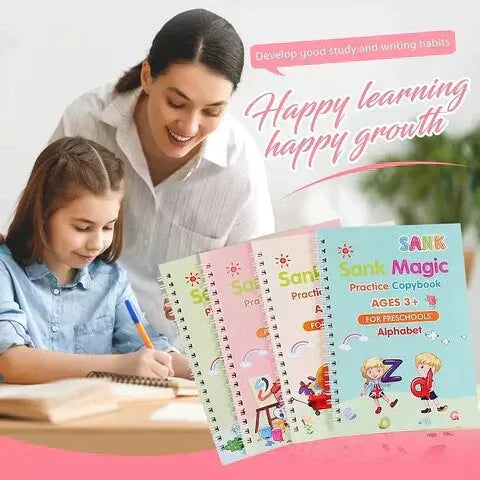Magic Handwriting Practice Copybook Set (4 BOOKS,1 PEN,1 GRIP,10 REFILL)