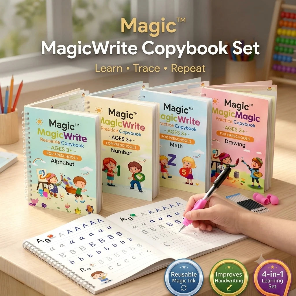 Magic Handwriting Practice Copybook Set (4 BOOKS,1 PEN,1 GRIP,10 REFILL)