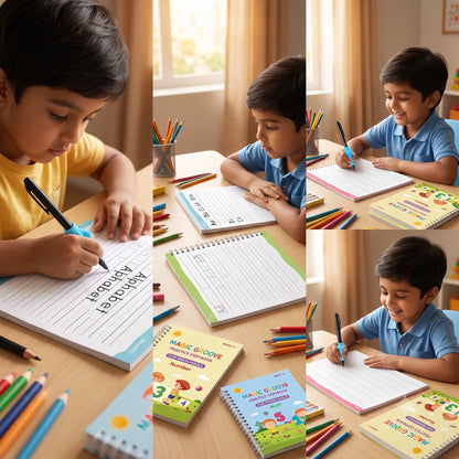 Magic Handwriting Practice Copybook Set (4 BOOKS,1 PEN,1 GRIP,10 REFILL)