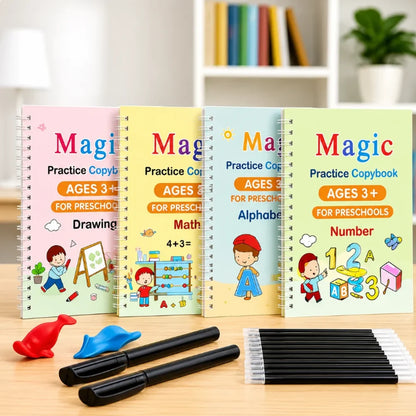 Magic Handwriting Practice Copybook Set (4 BOOKS,1 PEN,1 GRIP,10 REFILL)